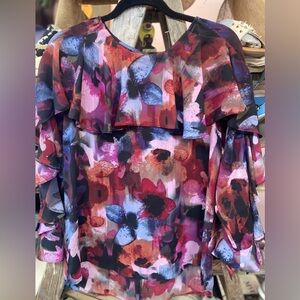 Elegant Floral Ruffle Blouse - Pink and Purple